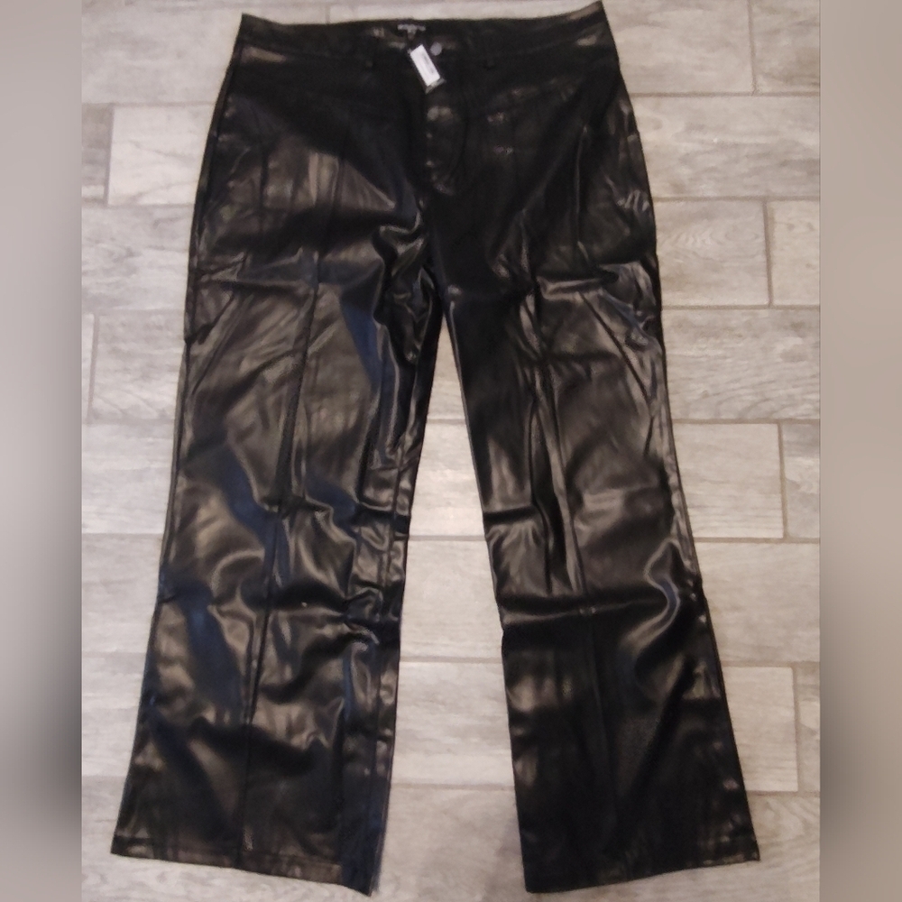 NWT Black Faux Leather seam detail wide leg trousers size 18 and size 12